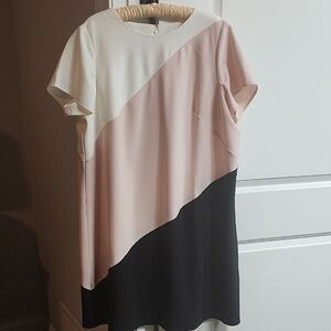 Chic Color Block Midi Dress in Cream, Pink, and Navy Blue